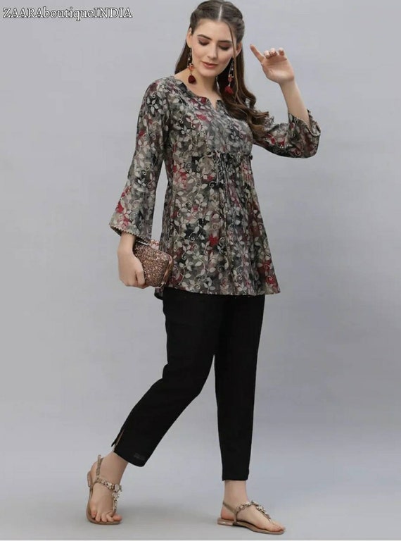 Kurtis for Women Maroon & Grey Printed A-line Kurti Top Tees Short