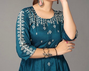 Kurtis For women | Teal Blue Embroidered A-line Kurti Top Tees | Short Kurta | Indian Tunics | Indian Top Tees Women | Short Ethnic Kurta