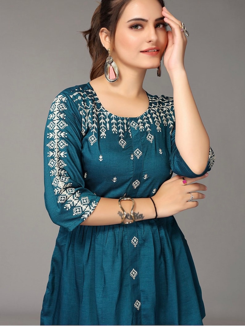 Kurtis for Women Teal Blue Embroidered A-line Kurti Top Tees - Etsy