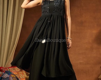 Women Black Embroidered Fusion Kurta With Crop Top and Palazzo Set - Indo Western Ethnic Set for women - Printed Crop top with palazzo