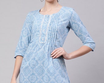 Cotton Kurtis For Women - Blue & White Printed Top For Women - Tunic Top - Summer Tops and Tees - Indian Ethnic Kurti Top - Kurta Top Women