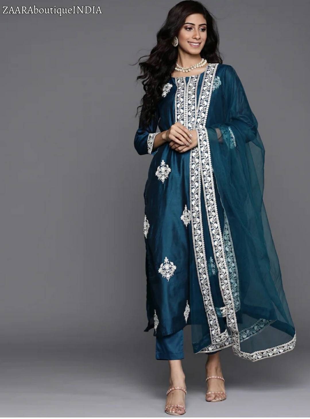 Women Cotton Teal Green and white Kurta Set main image 1