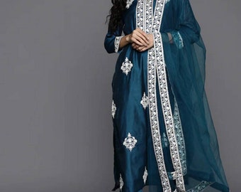 Silk Kurta Set - Indian Party Wear - Teal Green & White Motifs Embroidered Kurta With Trouser and Dupatta - Pakistani Salwaar Kameez Set