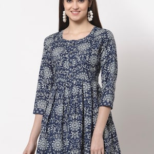 Pure Cotton Tunic Tops For Women - Blue & Cream Printed Top - Short Kurta - Kurtis For Women - Summer Tops Tees Blouse Plus Size Boho Tops