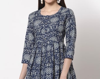 Pure Cotton Tunic Tops For Women - Blue & Cream Printed Top - Short Kurta - Kurtis For Women - Summer Tops Tees Blouse Plus Size Boho Tops