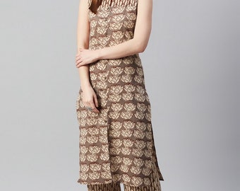 Pure Cotton Sleeveless Kurta Sets For Women - Beige & Maroon Printed Kurta With Palazzo - Summer Wear - Office Wear - Indian Dress