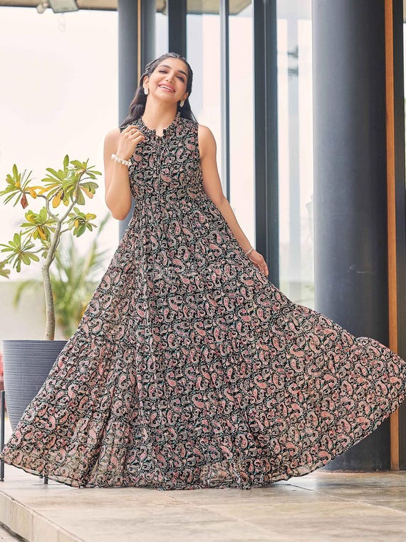chinese dress ladies Floral Embroidered Fit & Flare Maxi Ethnic Dresses with Dupatta S-36 main image 0