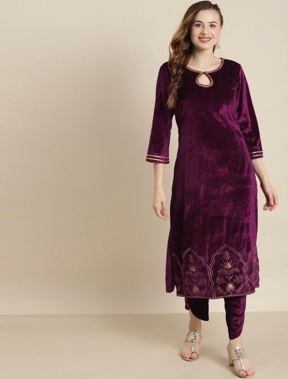 Buy Women Burgundy Velvet Zari Embroidered Short Kurta Online at Sassafras