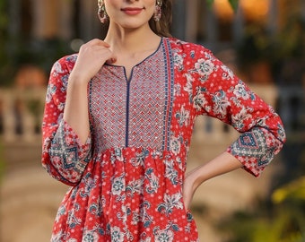 Kurtis For women - Rust & Navy Blue Pure Cotton A-line Kurti Top - Indian Tunics - Indian Top Tees Women - Short Ethnic Kurta - Blouses
