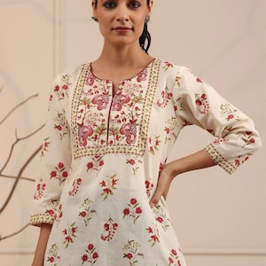 Cotton Kurtis For women - Cream & Red Floral Printed Kurti Top Tees - Short Kurta - Indian Tunics - Summer Top Tees - Short Ethnic Kurta