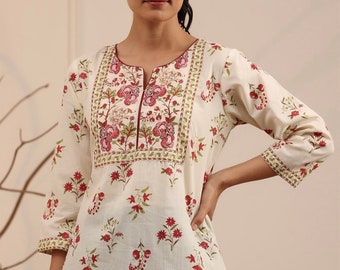 Cotton Kurtis For women - Cream & Red Floral Printed Kurti Top Tees - Short Kurta - Indian Tunics - Summer Top Tees - Short Ethnic Kurta