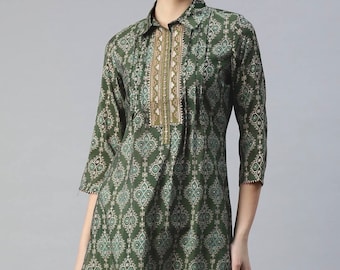 Kurtis For Women - Green & Gold Shirt Collar Motifs Printed Kurti Top For Women - Tunic Top - Summer Tops and Tees - Indian Ethnic Kurti To