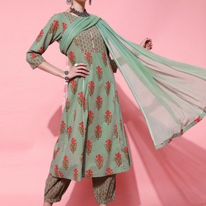Pure Cotton A-line Kurta with Trouser & Dupatta - Green Printed Anarkali Kurta Set - Salwar Kameez - Tunic Top - Indian Ethnic Dress