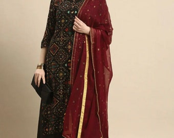 Kurta Set For Women, Black Bandhani Printed Kurta With Palazzo And Dupatta, Indian Party Wear Dress, Gift For Her