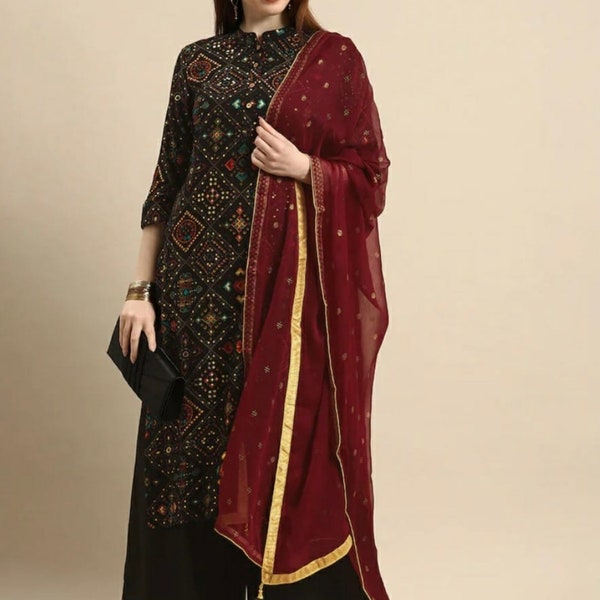 Kurta Set For Women, Black Bandhani Printed Kurta With Palazzo And Dupatta, Indian Party Wear Dress, Gift For Her