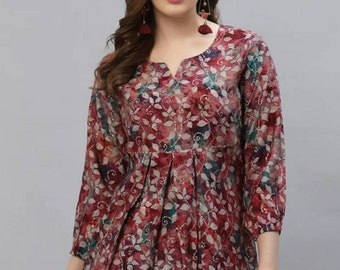 Kurtis Tunic For Women,  Pink & Grey Printed A-line Top For Women, Short Kurti Dress, Summer Wear, Indian Ethnic Top For Women, Boho Top