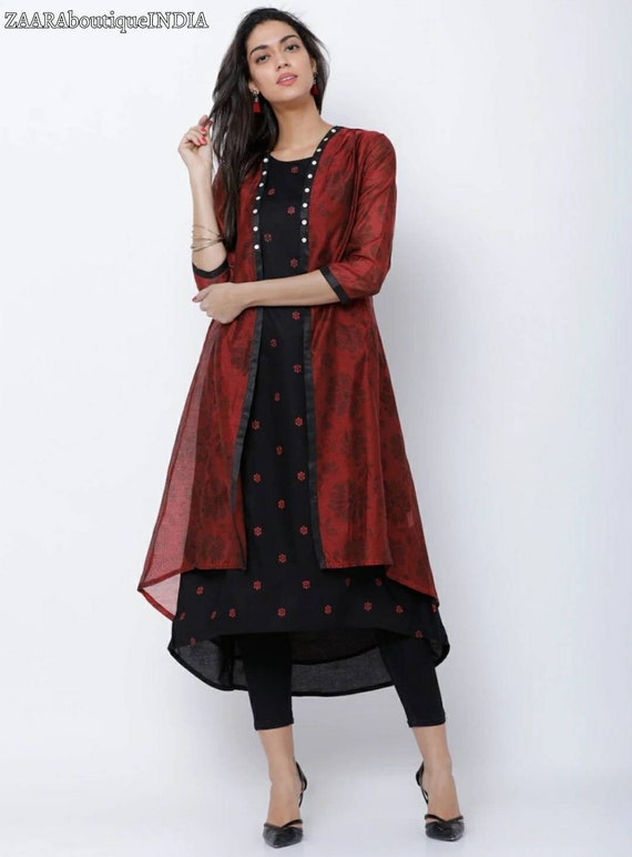 Black Silk Jacket Style Kurti with Embroidered Birds Gotta Palazzo and –  anokherang