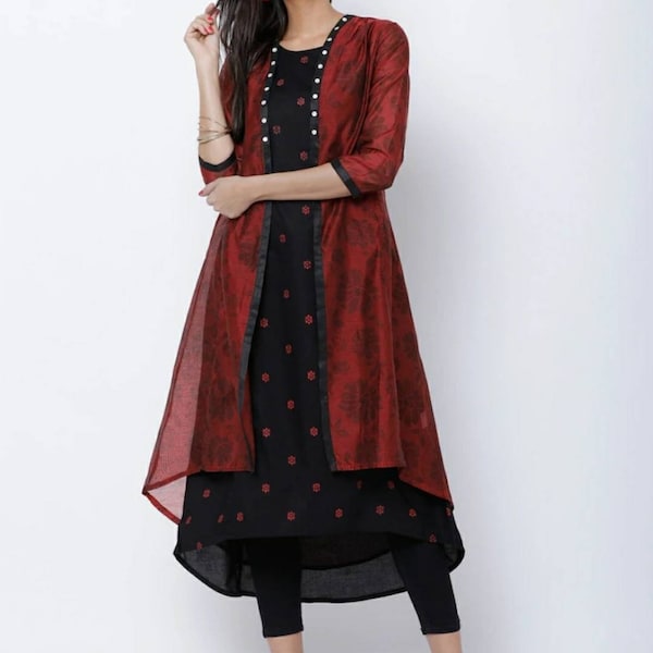Kurta avec veste ethnique | Kurti pour femme | Tissu kurti en coton | coupe trapèze imprimée noir et bordeaux | Vêtements de fête pour femmes | Robe indienne