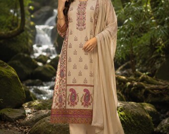 Indian Dress For Women - Cream Printed Mirror Work Pure Silk Kurta Set With Trousers & Dupatta - Indian Party Wear Dress - Salwar Kameez Set