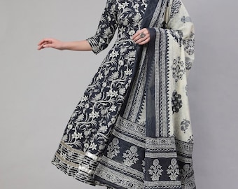 Pure Cotton Kurta Sets For Women - Navy Blue Floral Printed Anarkali Kurta With Palazzo & Dupatta - Summer / Office Wear - Indian Dress
