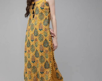 Kurta Women | Mustered Cotton Kurti For Women | Hand Printed Kurti | Sleeveless Kurti | Gift For Her | Machine-Wash | Indian Ethnic Dress