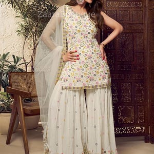 Indian Party Festive Wear Sleeveless Kurta Sets For Women - Off white Sequinne Kurta With Sharara & Dupatta - Indo Western Salwar Kameez Set