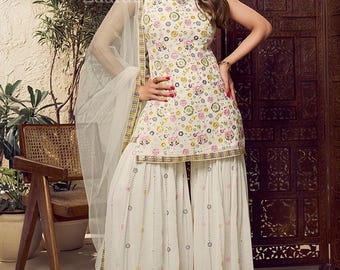 Indian Party Festive Wear Sleeveless Kurta Sets For Women - Off white Sequinne Kurta With Sharara & Dupatta - Indo Western Salwar Kameez Set