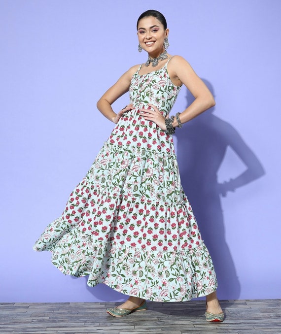 Maxi Dress For Women - Blue Spaghetti Straps A-line Maxi Dress - Anarkali Dress - Indian Party Wear Dress - Boho Hippie Beach Dress