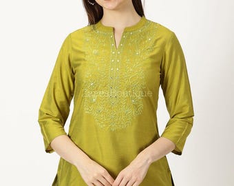 Kurtis For women | Green Embroidered Kurti Top Tees | Short Kurta | Indian Tunics | Indian Top Tees Women | Short Ethnic Kurta