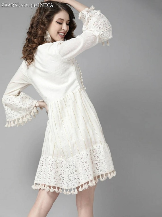 Ada Hand Embroidered White Cotton Lucknow Chikankari Women Short Kurti -  A100427 - Ada - 3361260
