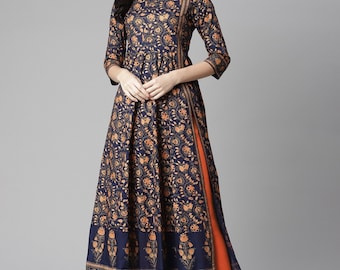 Anarkali Kurta Set - Blue & Orange Printed Cotton A-line Kurta with Churidar - Salwar Kameez - Gown Dress - Tunic Top - Indian Ethnic Dress