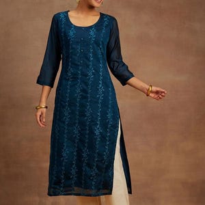 Silk Kurta For Indian Party Wear Teal Blue Yoke Design Embroidered Silk Kurta Indian Kurta Gift For Women Pakistani Salwar Suit Tunics