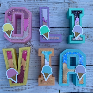 Letras 3D de helado, letras 3D personalizadas, letras para la decoración de fiestas, letras de decoración de dormitorios para niños, signo de nombre de guardería, letras de nombre 3D, verano