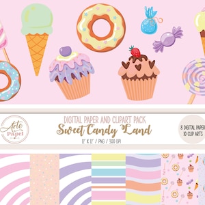 Clip Art di dolci pastello, carta digitale con ciambelle e gelato, dolce terra dei dolciumi, clip art digitale e carta, carta digitale pastello dolce