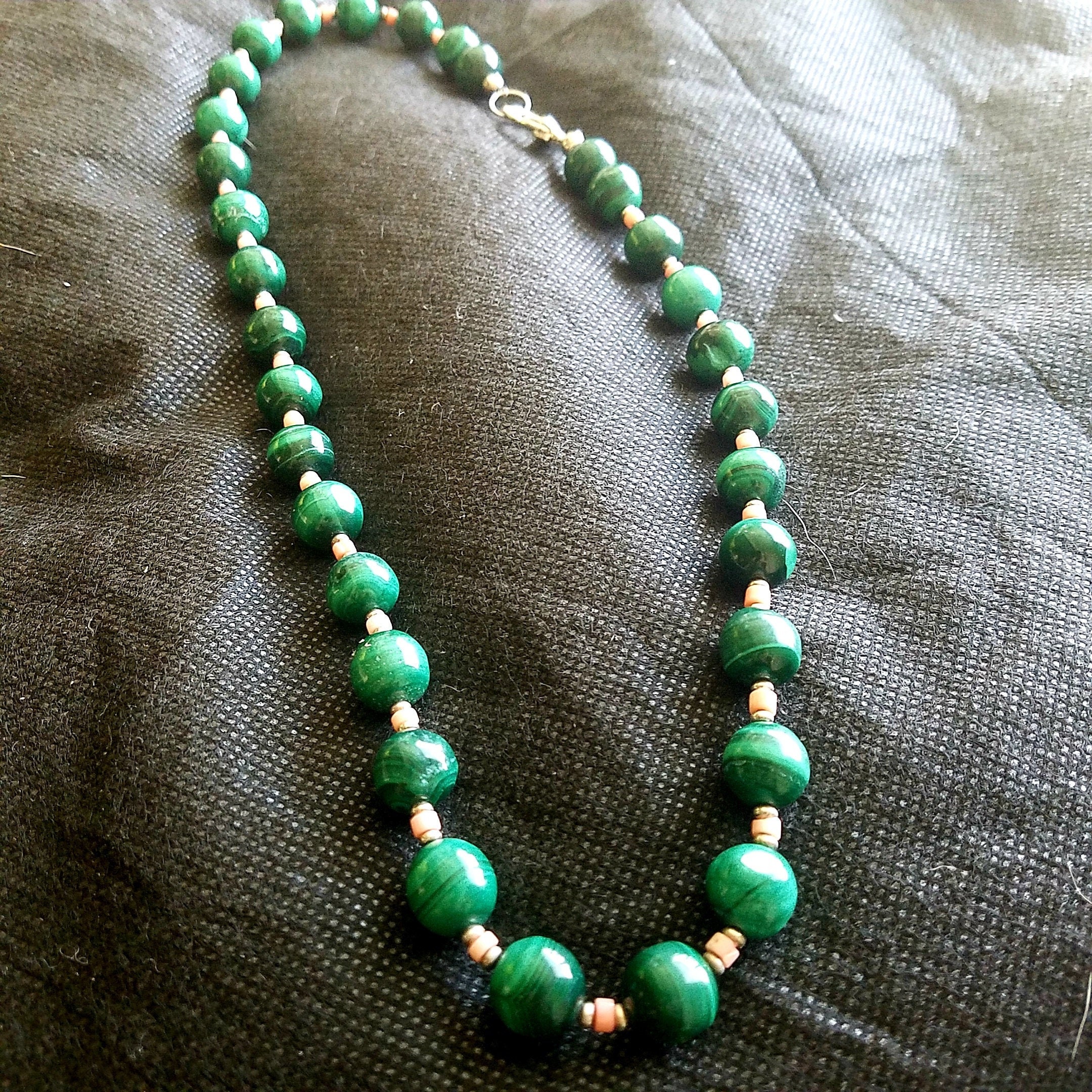 Vintage Malachite Rose Quartz Bead Necklace | Etsy