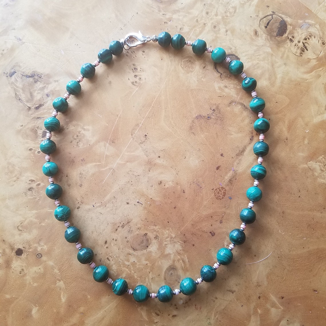 Vintage Malachite Rose Quartz Bead Necklace Etsy