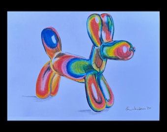 Arte de perro con globos, impresión de perro con globos, arte listo para colgar, regalo de Navidad para niños, arte para niños, arte enmarcado, obra de arte de arcoíris hecha a mano