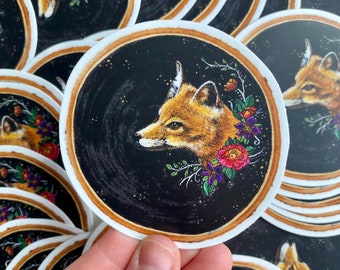fox sticker, wood burning, fox collector, wood sticker, fox art, water bottle, laminate sticker, laptop sticker, fox collectables, feminine