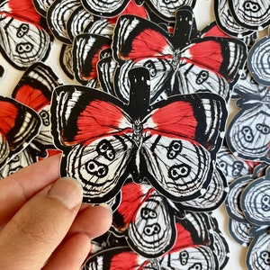 May include: A collection of butterfly stickers with black and white wings and red accents. The stickers are arranged in a random pattern on a white surface.
