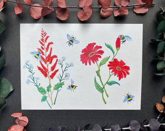red flower artwork, art, bee art print, bee wall decor, daisy art print, summer art, gift for women, for friend, nature artwork, honey bee
