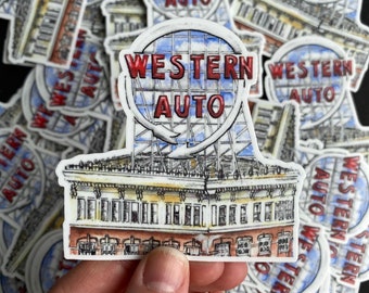 Waterproof Vinyl, KC Western Auto Sticker, Kansas City pride sticker, royals sticker, chiefs sticker, landmark sticker