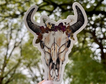 Skull, Vinyl Waterproof Sticker, laptop, skateboard, cattle skull decor, water bottle, bumper car, cow art, Texas sticker, cow sticker