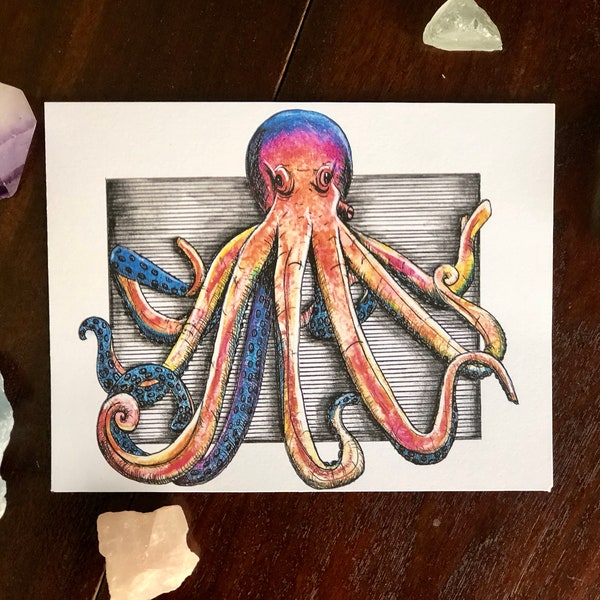 Octopus décor, Octopus art print, framed, watercolor artwork, homed décor, neon artwork, 5x7, colorful, nautical artwork, gift for sea lover