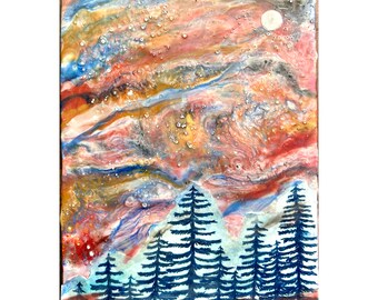 pine tree wall art, art, painting, celestial decor, encaustic painting, pink wall art, travel lover, gift for her, for him, camping art