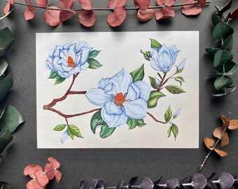 magnolia flower, magnolia print, leaves, artwork, framed print, wall art, vintage, friend gift, for her, nature print, botanical, Louisiana
