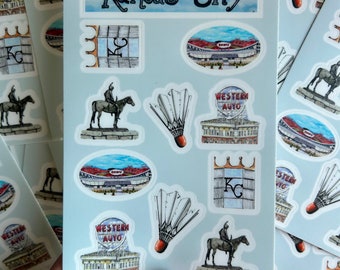 kansas city stickers, chiefs, royals, sticker sheet, kc, for water bottle, for laptop, souvenir, for glass bottle, art, artwork, kc art