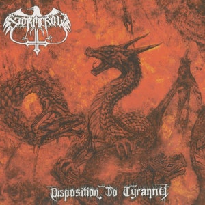 Peut inclure: Une illustration en noir et blanc d'un dragon sur un fond orange feu. Le texte "Disposition To Tyranny" est en bas de l'image.