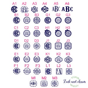 K&ouml;nnte beinhalten: Eine Tabelle mit 18 verschiedenen Monogramm-Designs, jedes mit den Buchstaben ABC in einer anderen Schriftart und einem anderen Stil. Die Tabelle ist mit den Buchstaben A bis M und den Zahlen 1 bis 3 beschriftet. Der Text "Link and charm" erscheint am unteren Rand der Tabelle.