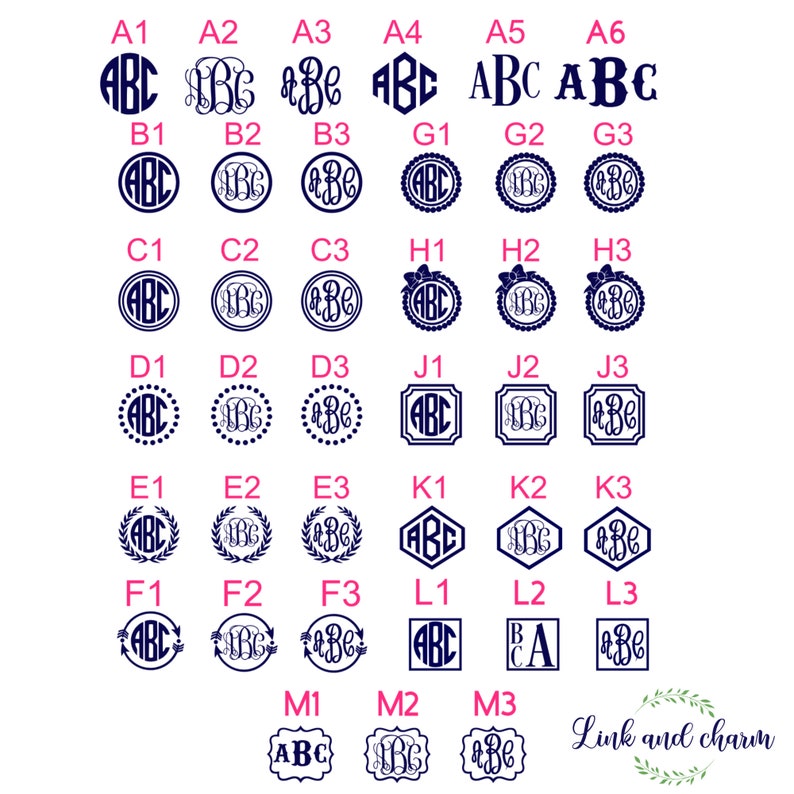 K&ouml;nnte beinhalten: Eine Tabelle mit 18 verschiedenen Monogramm-Designs, jedes mit den Buchstaben ABC in einer anderen Schriftart und einem anderen Stil. Die Tabelle ist mit den Buchstaben A bis M und den Zahlen 1 bis 3 beschriftet. Der Text "Link and charm" erscheint am unteren Rand der Tabelle.