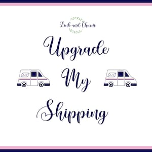 May include: Upgrade My Shipping text in navy blue cursive font with two white mail trucks with red and blue accents on either side of the text.